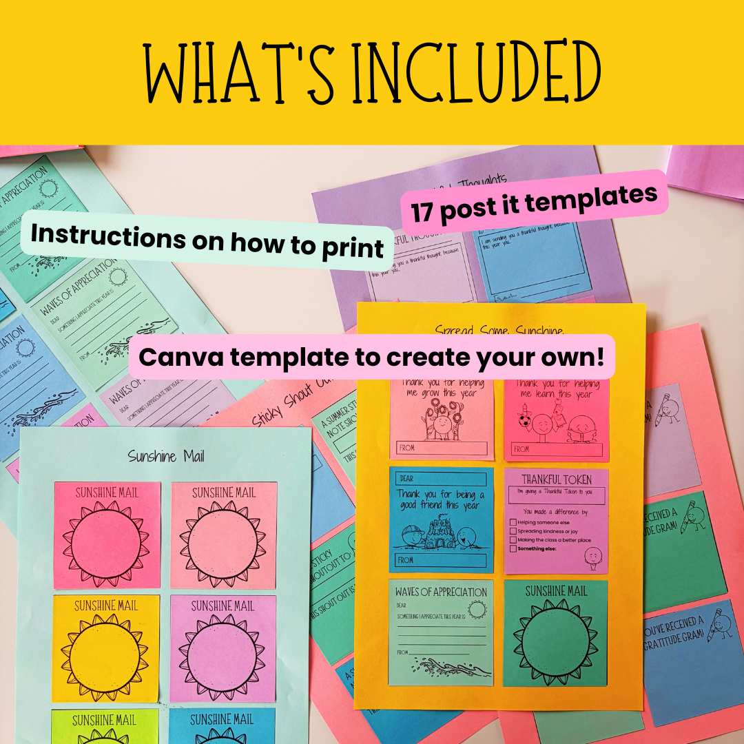 Summer Printable Post-It Note Templates | End of Year Gratitude & Kindness