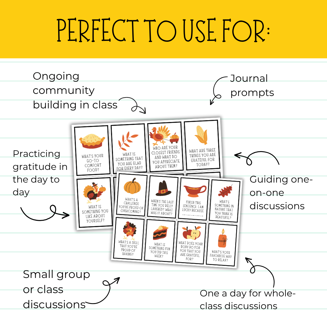 36 Gratitude Conversation Cards | Thanksgiving Themed and Everyday | Perfect Brain Breaks / Starters