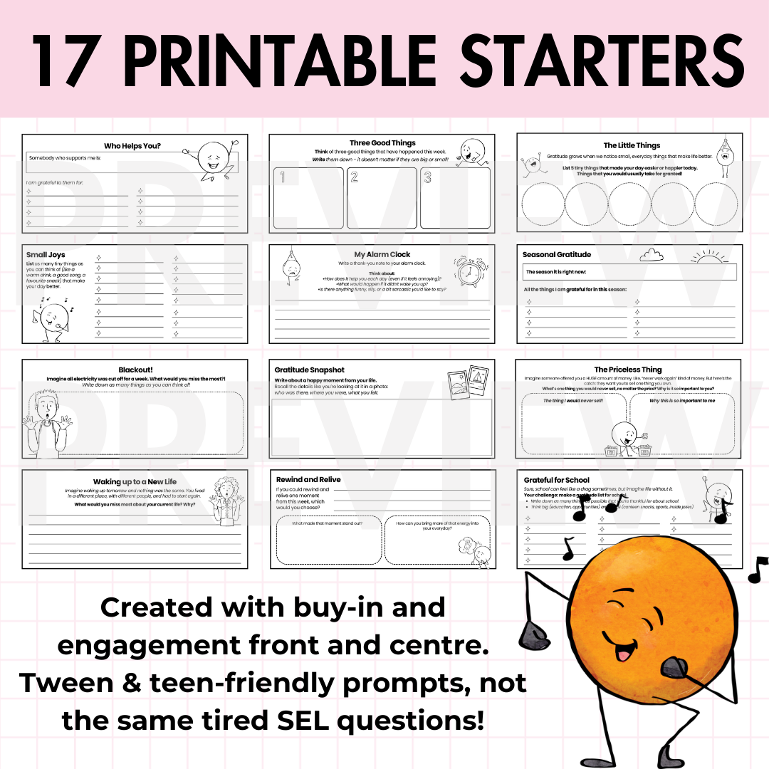 Gratitude SEL Starters | 17 Daily Prompts, Bell Ringers & Reflection Activities