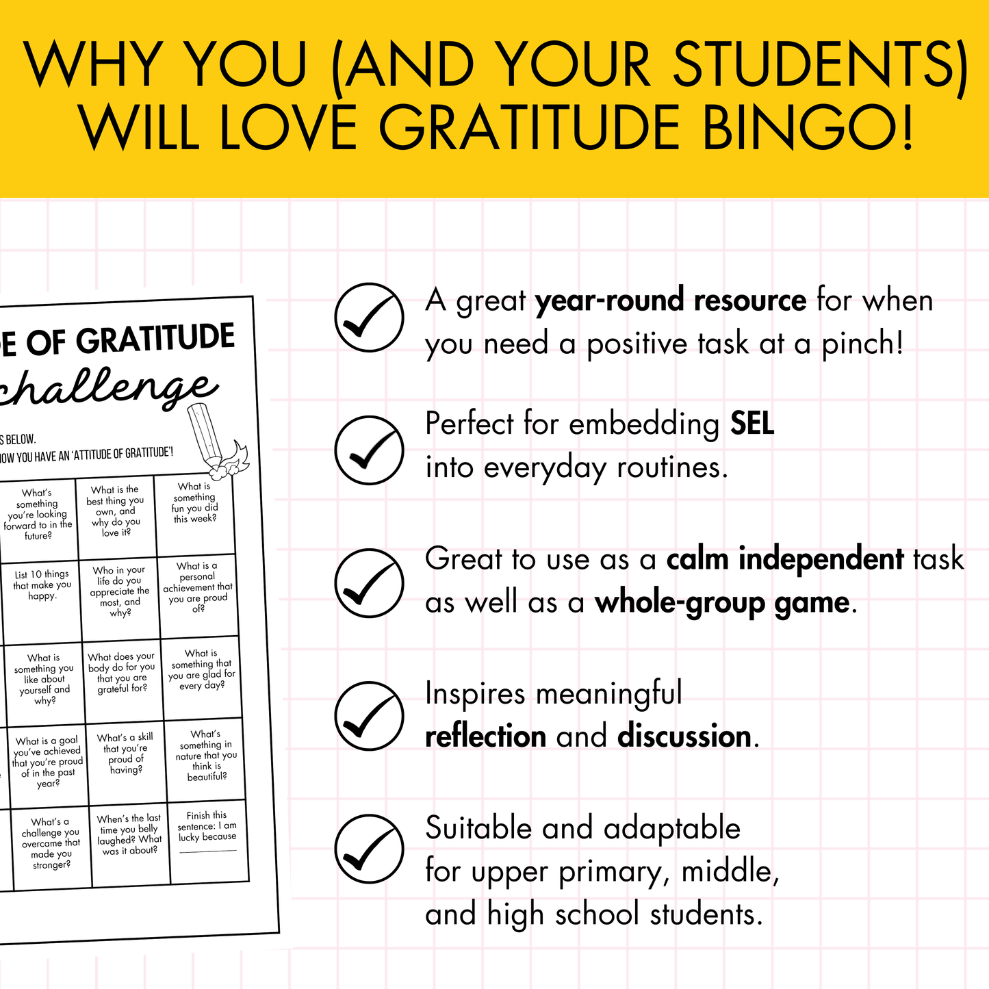 Gratitude Bingo Game | Activities & Journal Prompts for Middle & High School