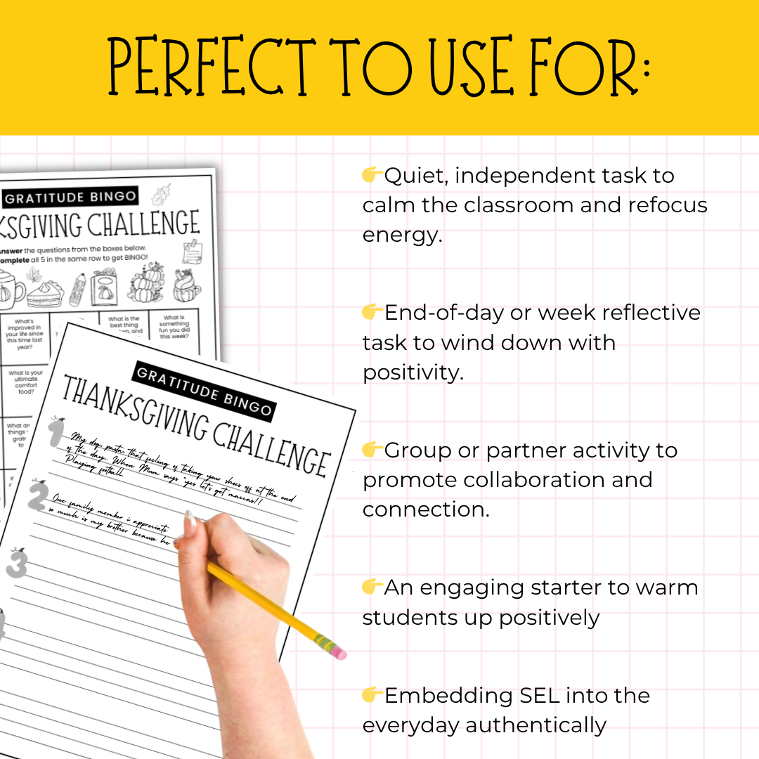 Thanksgiving Gratitude Bingo Challenge for Middle & High School