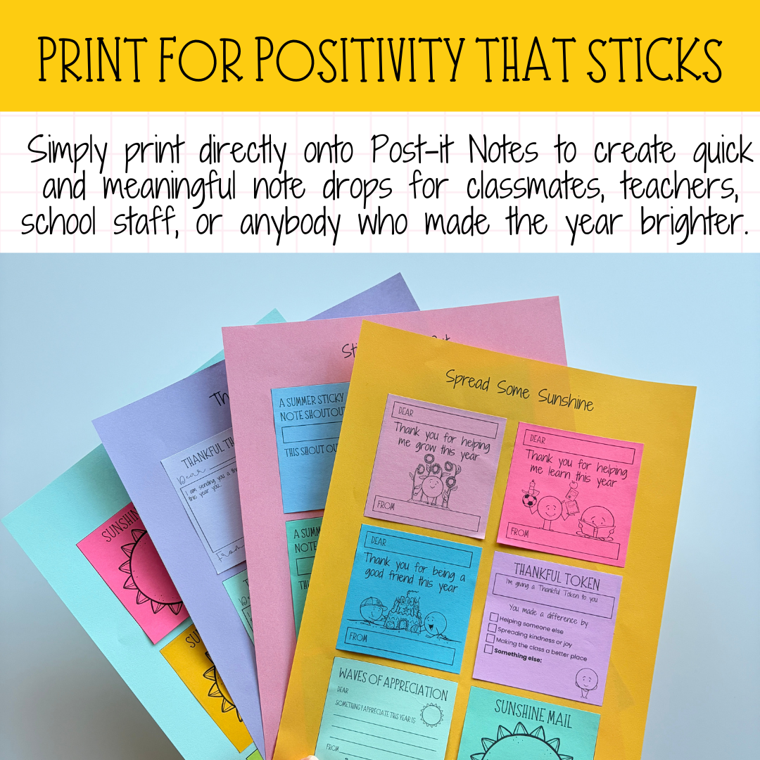 Summer Printable Post-It Note Templates | End of Year Gratitude & Kindness