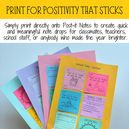 Summer Printable Post-It Note Templates | End of Year Gratitude & Kindness