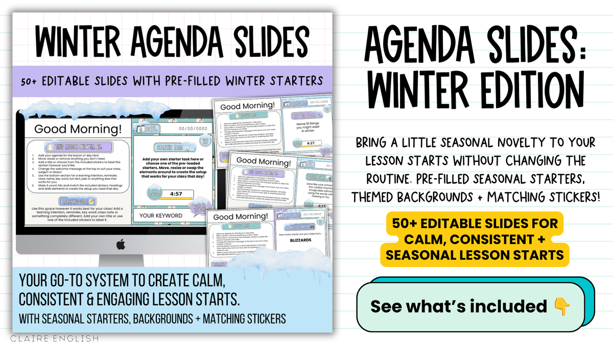 Winter Agenda Slides | w/ 50+ Seasonal Bell Ringers, Do Nows, Starter Activities