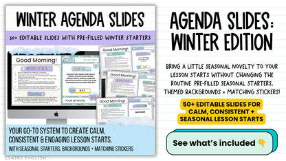 Winter Agenda Slides | w/ 50+ Seasonal Bell Ringers, Do Nows, Starter Activities