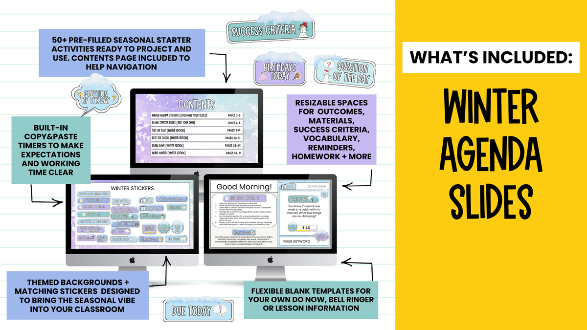 Winter Agenda Slides | w/ 50+ Seasonal Bell Ringers, Do Nows, Starter Activities