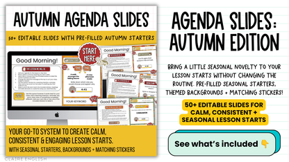 Fall [Autumn] Agenda Slides | w/ 50+ Seasonal Bell Ringers + Starter Activities