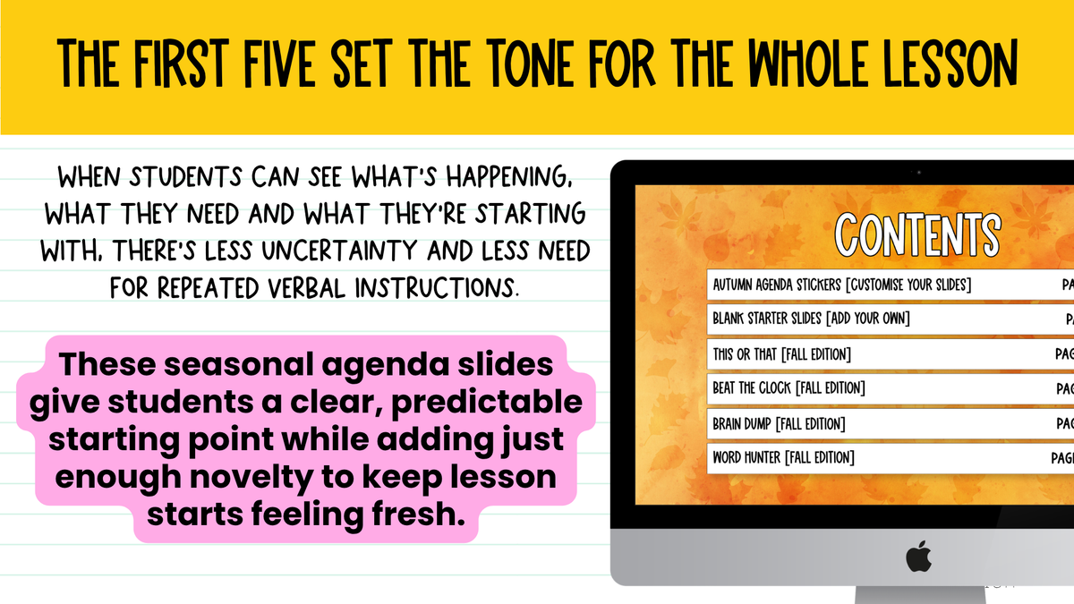 Fall [Autumn] Agenda Slides | w/ 50+ Seasonal Bell Ringers + Starter Activities