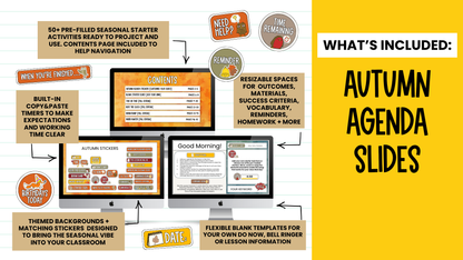 Fall [Autumn] Agenda Slides | w/ 50+ Seasonal Bell Ringers + Starter Activities