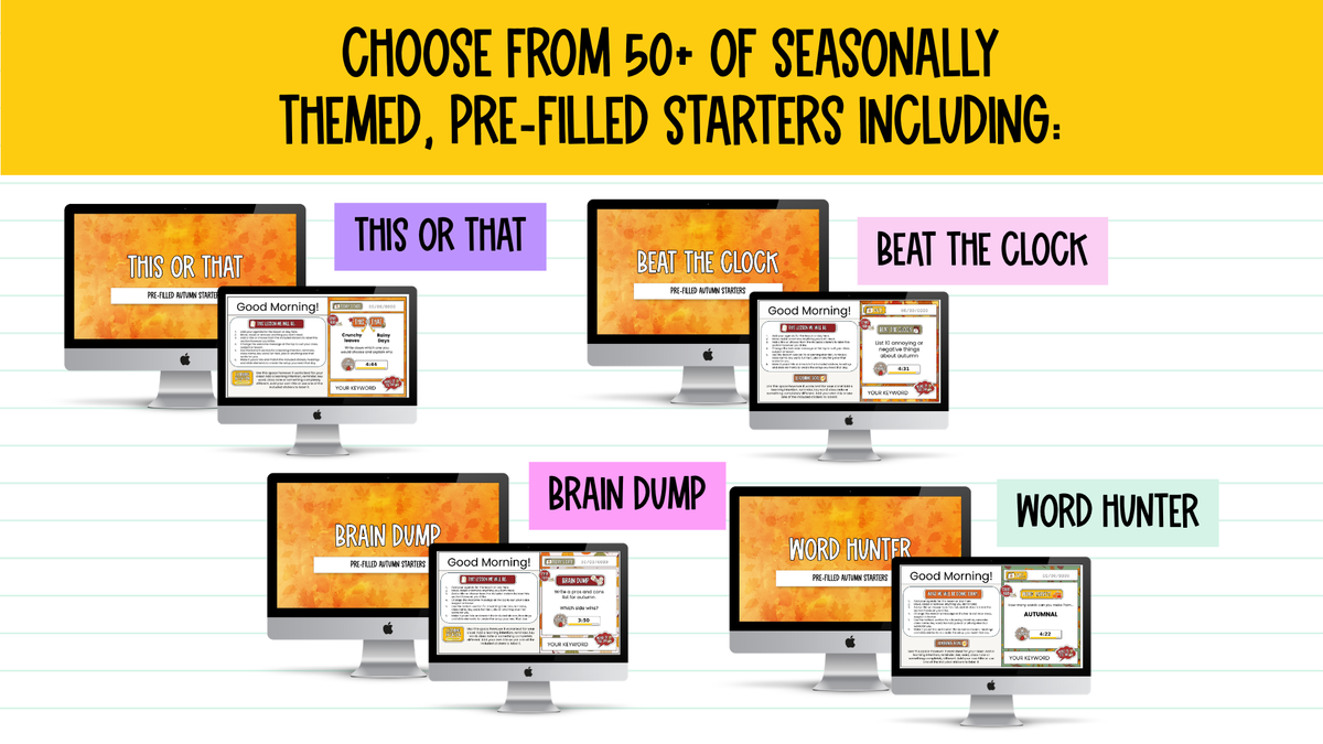 Fall [Autumn] Agenda Slides | w/ 50+ Seasonal Bell Ringers + Starter Activities
