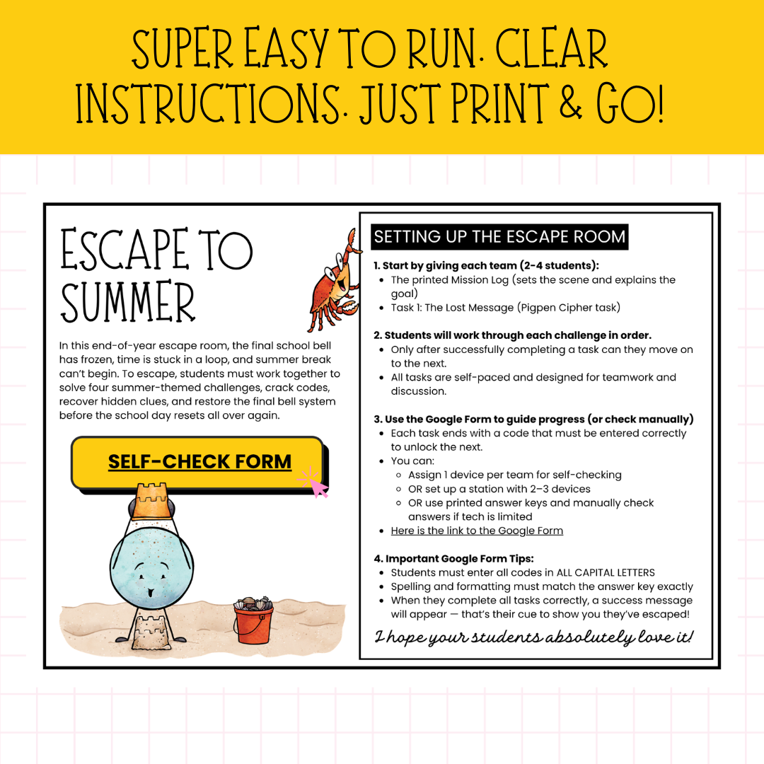 Escape to Summer! | Engaging End of Year Escape Room Activity for Middle & High