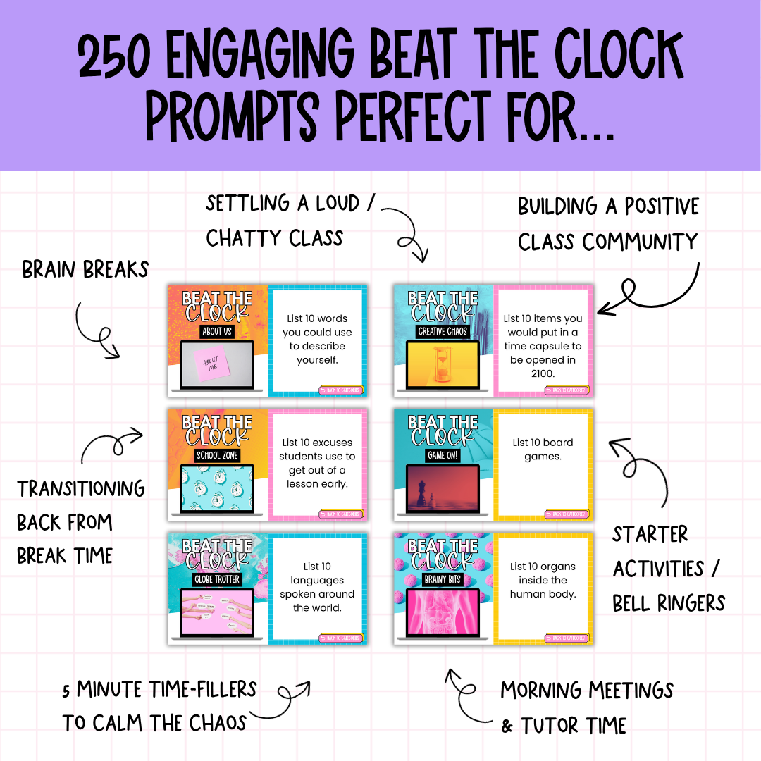 Beat the Clock! | 250 prompts for Bell Ringers, Brain Breaks, Morning Work +MORE