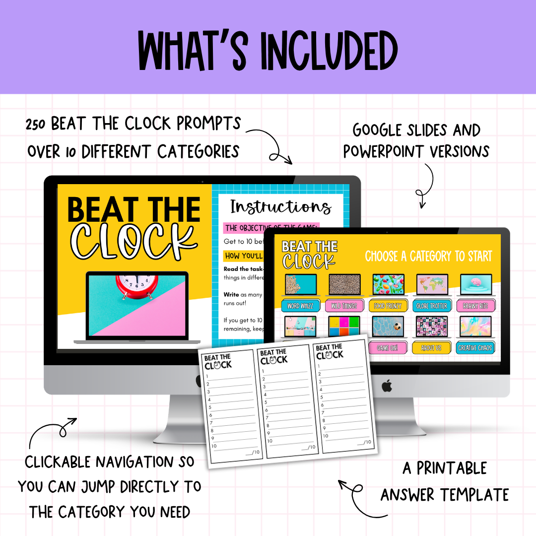 Beat the Clock! | 250 prompts for Bell Ringers, Brain Breaks, Morning Work +MORE