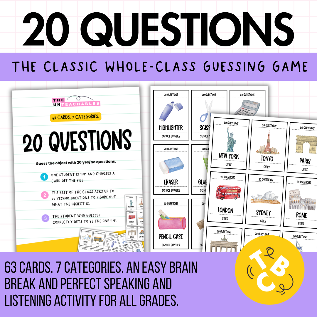 20 Questions Classroom Game | 63 Cards, 7 Categories | Print & Go!