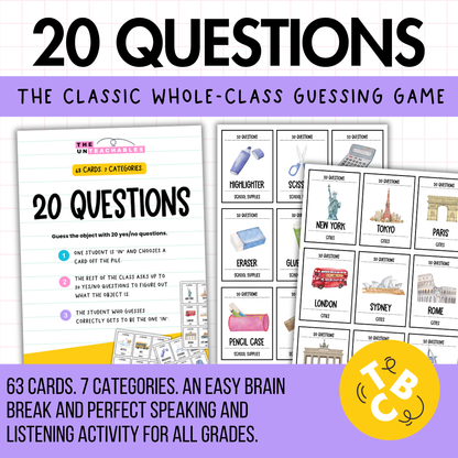 20 Questions Classroom Game | 63 Cards, 7 Categories | Print & Go!