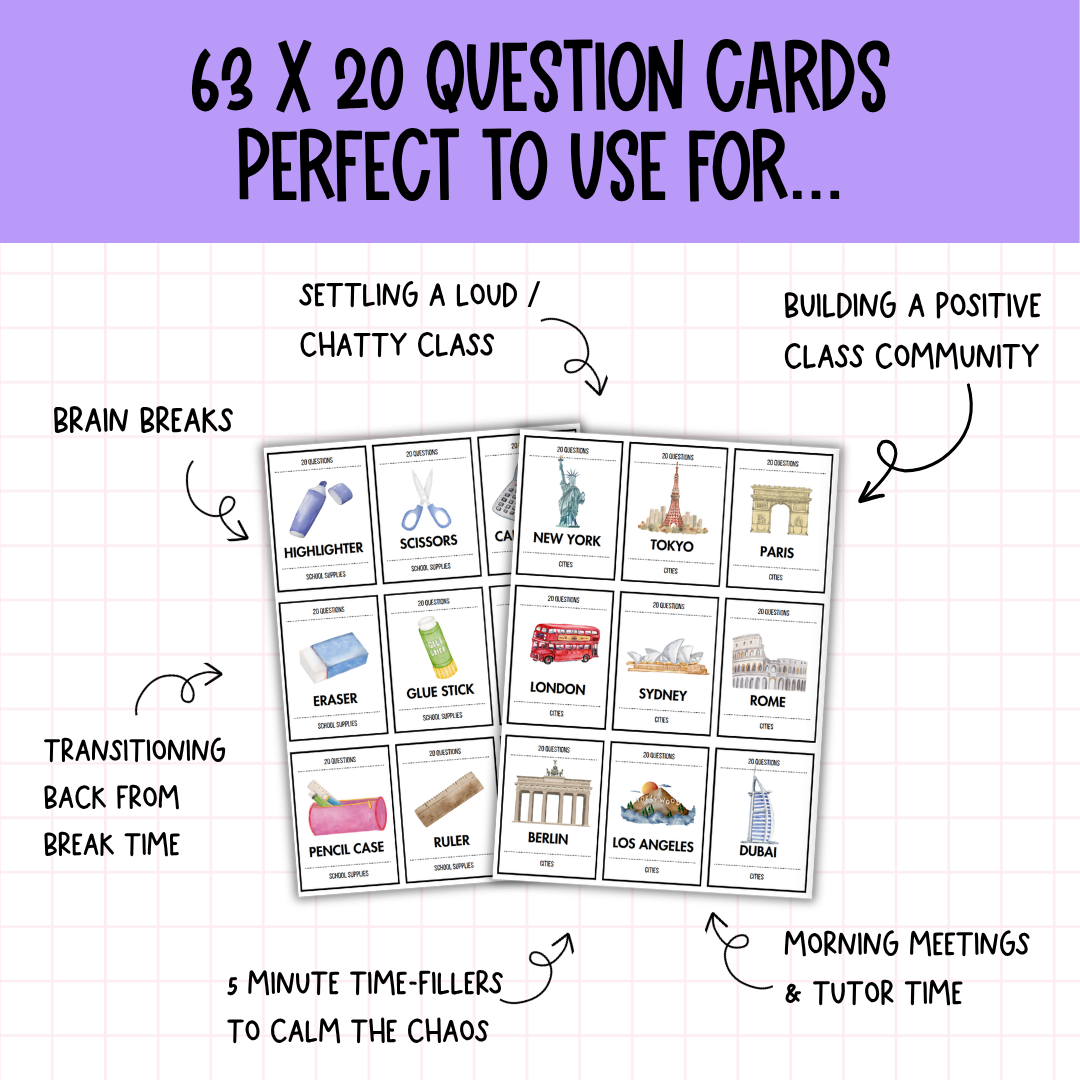 20 Questions Classroom Game | 63 Cards, 7 Categories | Print & Go!