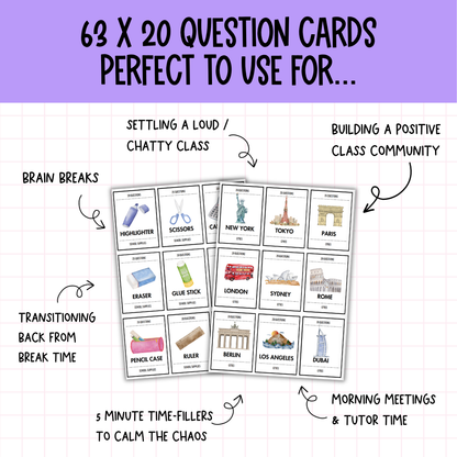 20 Questions Classroom Game | 63 Cards, 7 Categories | Print & Go!