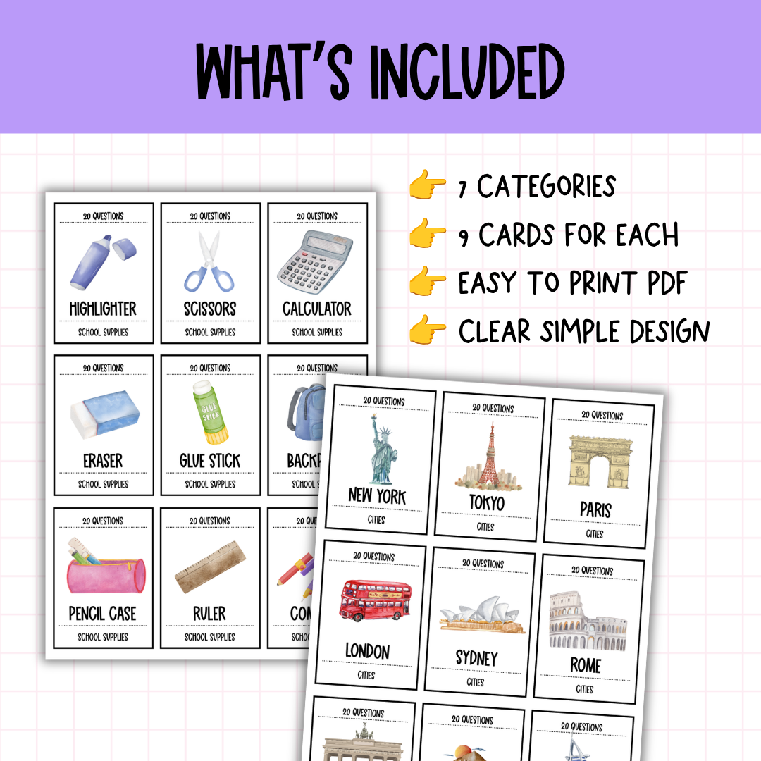 20 Questions Classroom Game | 63 Cards, 7 Categories | Print & Go!