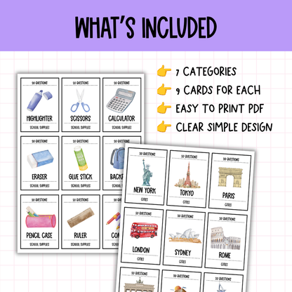 20 Questions Classroom Game | 63 Cards, 7 Categories | Print & Go!