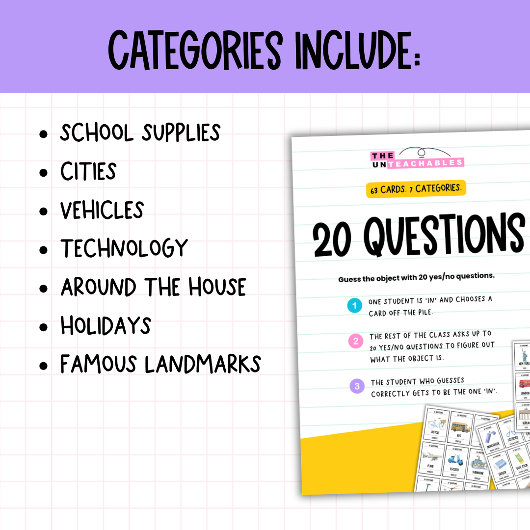 20 Questions Classroom Game | 63 Cards, 7 Categories | Print & Go!