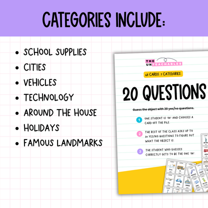 20 Questions Classroom Game | 63 Cards, 7 Categories | Print & Go!