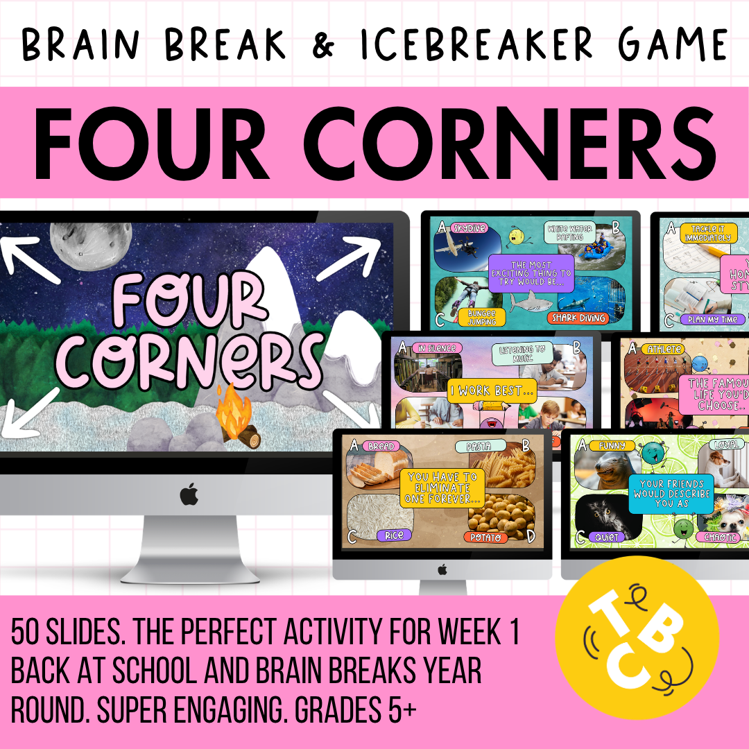 Four Corners Icebreaker & Brain Break Game | Back to School Grade 5+ | 50 SLIDES