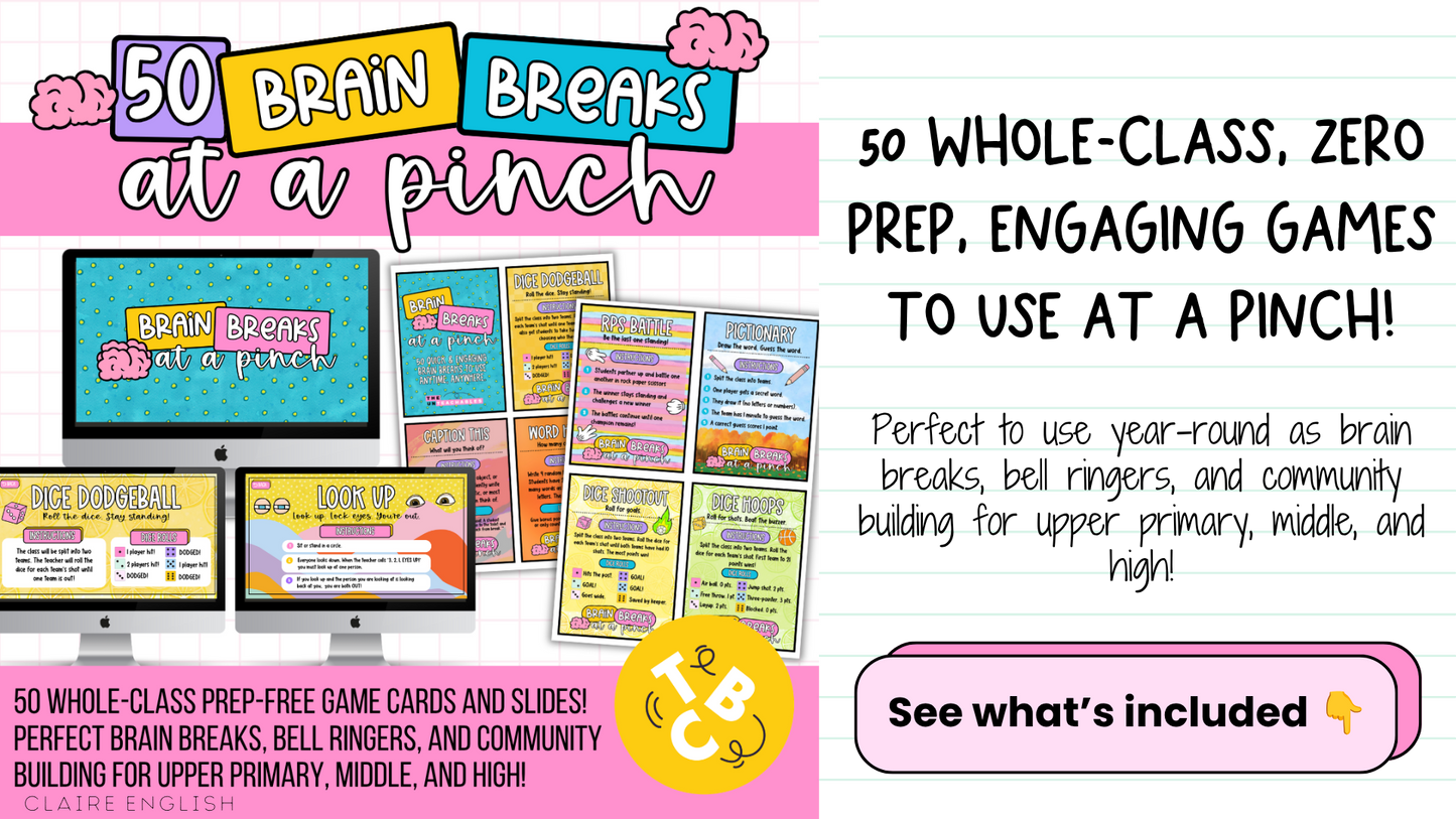50 Brain Breaks at a Pinch | Engaging Zero-Prep Classroom Games Cards + Slides