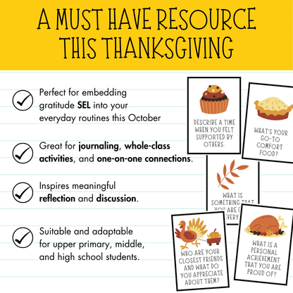 36 Gratitude Conversation Cards | Thanksgiving Themed and Everyday | Perfect Brain Breaks / Starters