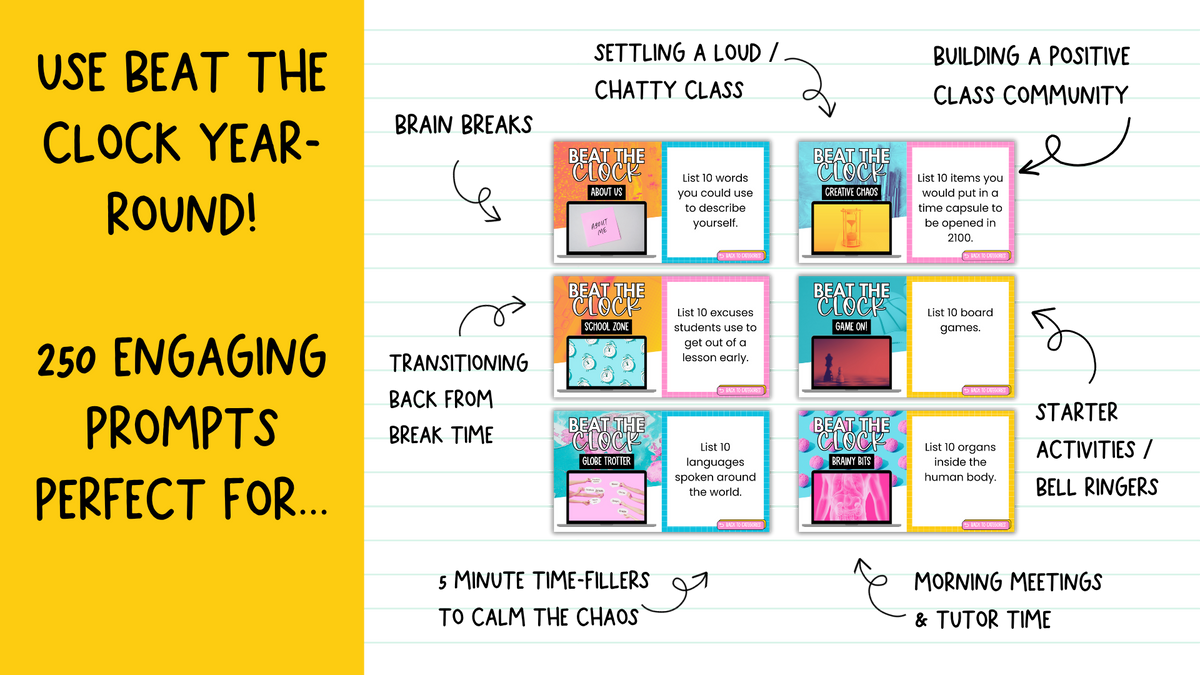 Beat the Clock! | 250 prompts for Bell Ringers, Brain Breaks, Morning Work +MORE