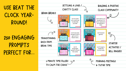 Beat the Clock! | 250 prompts for Bell Ringers, Brain Breaks, Morning Work +MORE
