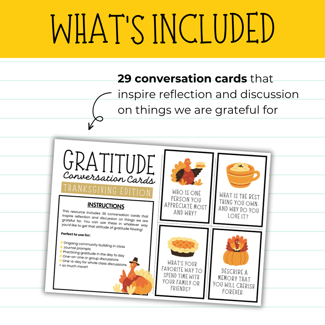 36 Gratitude Conversation Cards | Thanksgiving Themed and Everyday | Perfect Brain Breaks / Starters