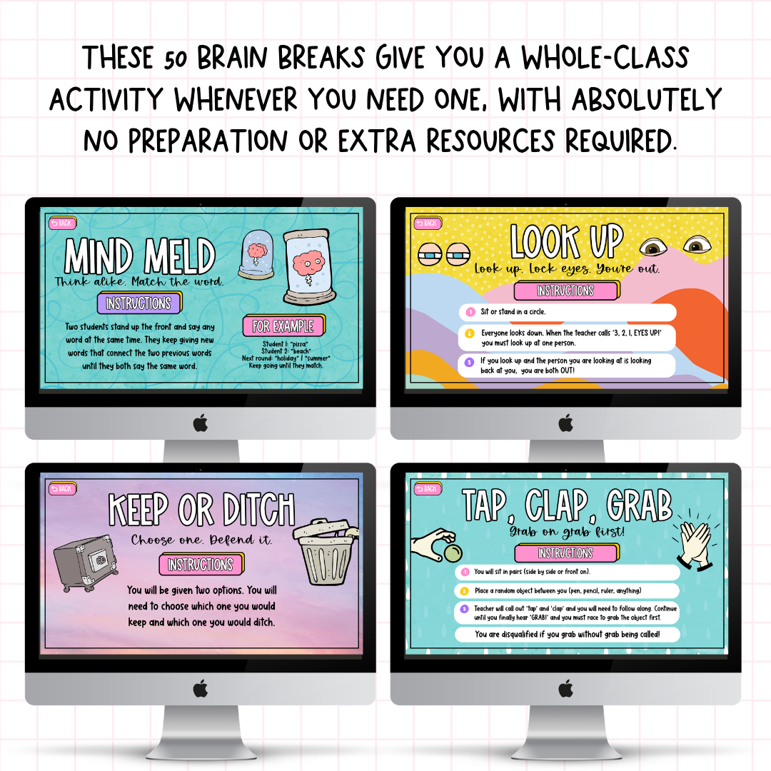 50 Brain Breaks at a Pinch | Engaging Zero-Prep Classroom Games Cards + Slides