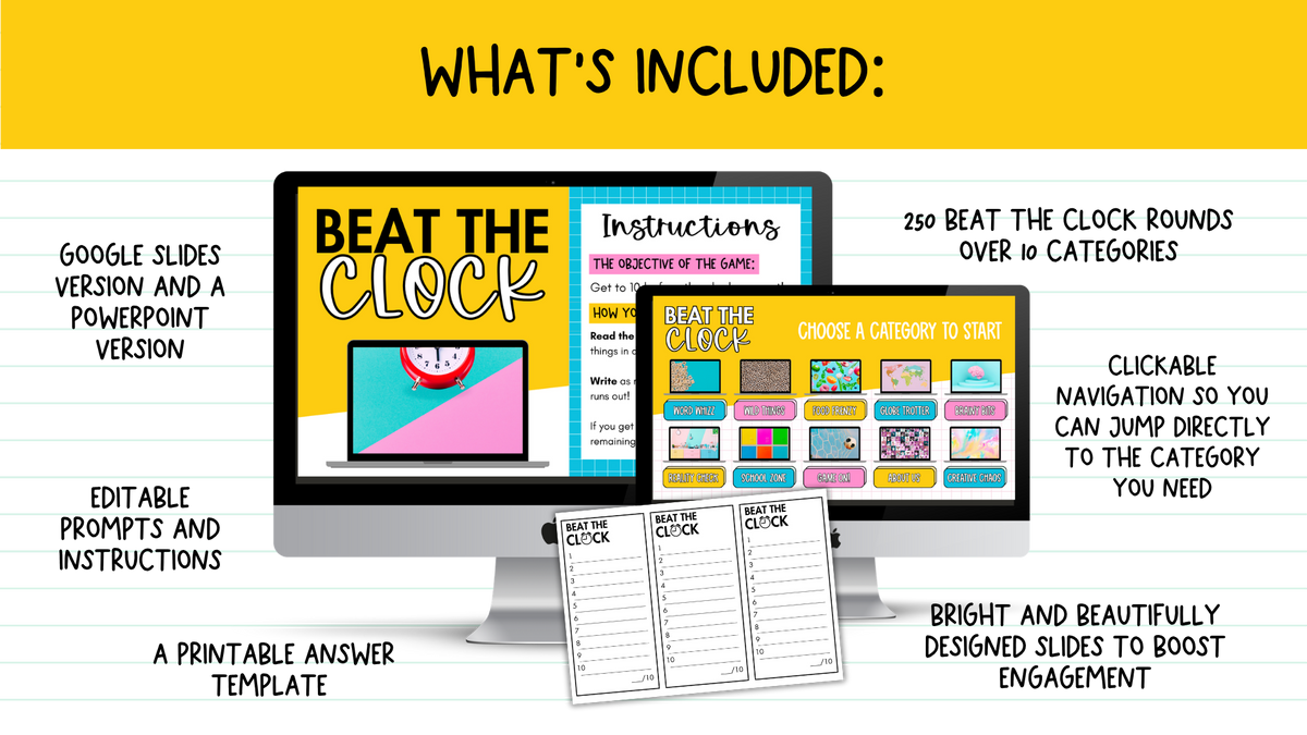 Beat the Clock! | 250 prompts for Bell Ringers, Brain Breaks, Morning Work +MORE