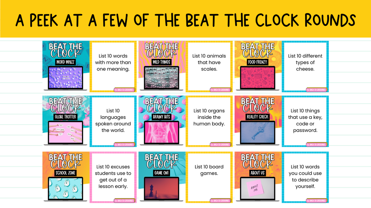 Beat the Clock! | 250 prompts for Bell Ringers, Brain Breaks, Morning Work +MORE