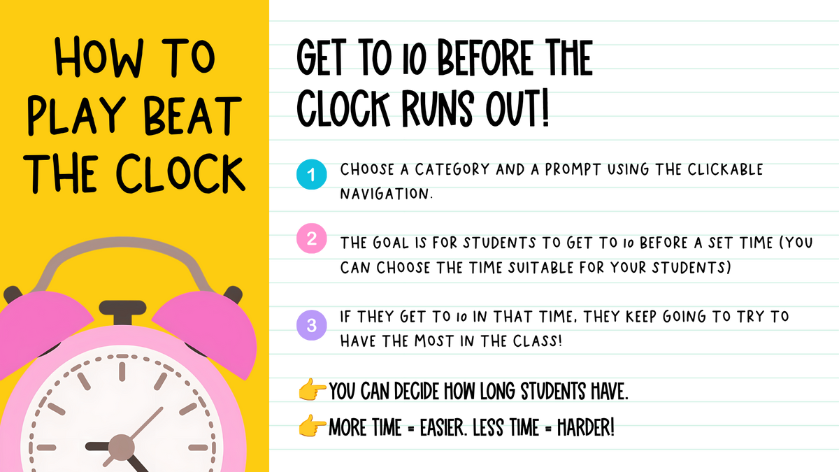Beat the Clock! | 250 prompts for Bell Ringers, Brain Breaks, Morning Work +MORE