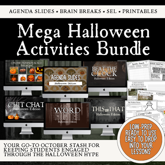 Halloween Activities Bundle | 71 Agenda Slides with Bell Ringers, 37 Printables, SEL & Brain Breaks