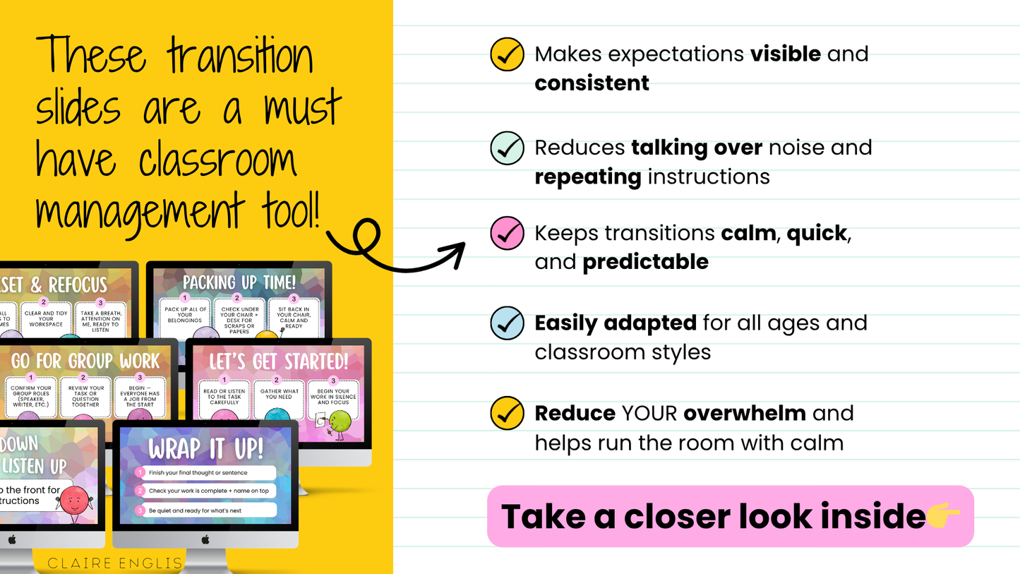 40 Editable Classroom Routine / Transition Slides | Entry, Group Work, Pack-Up, Exit + MORE