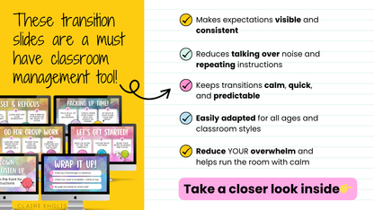 40 Editable Classroom Routine / Transition Slides | Entry, Group Work, Pack-Up, Exit + MORE