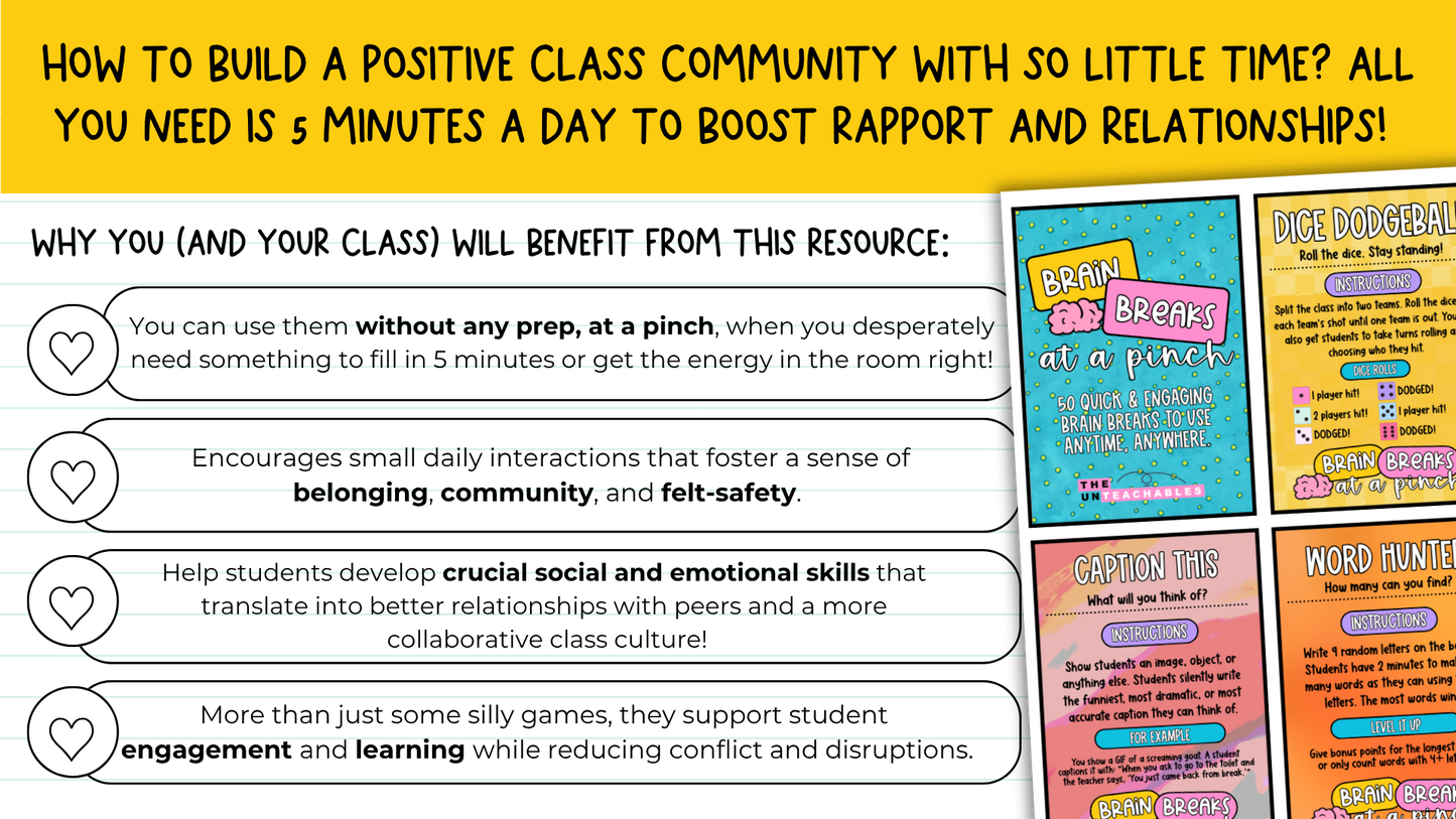 50 Brain Breaks at a Pinch | Engaging Zero-Prep Classroom Games Cards + Slides