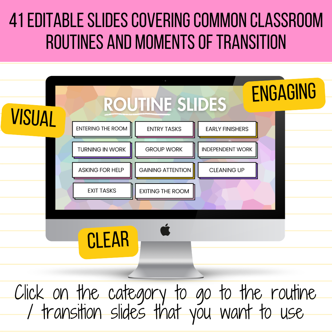 40 Editable Classroom Routine / Transition Slides | Entry, Group Work, Pack-Up, Exit + MORE