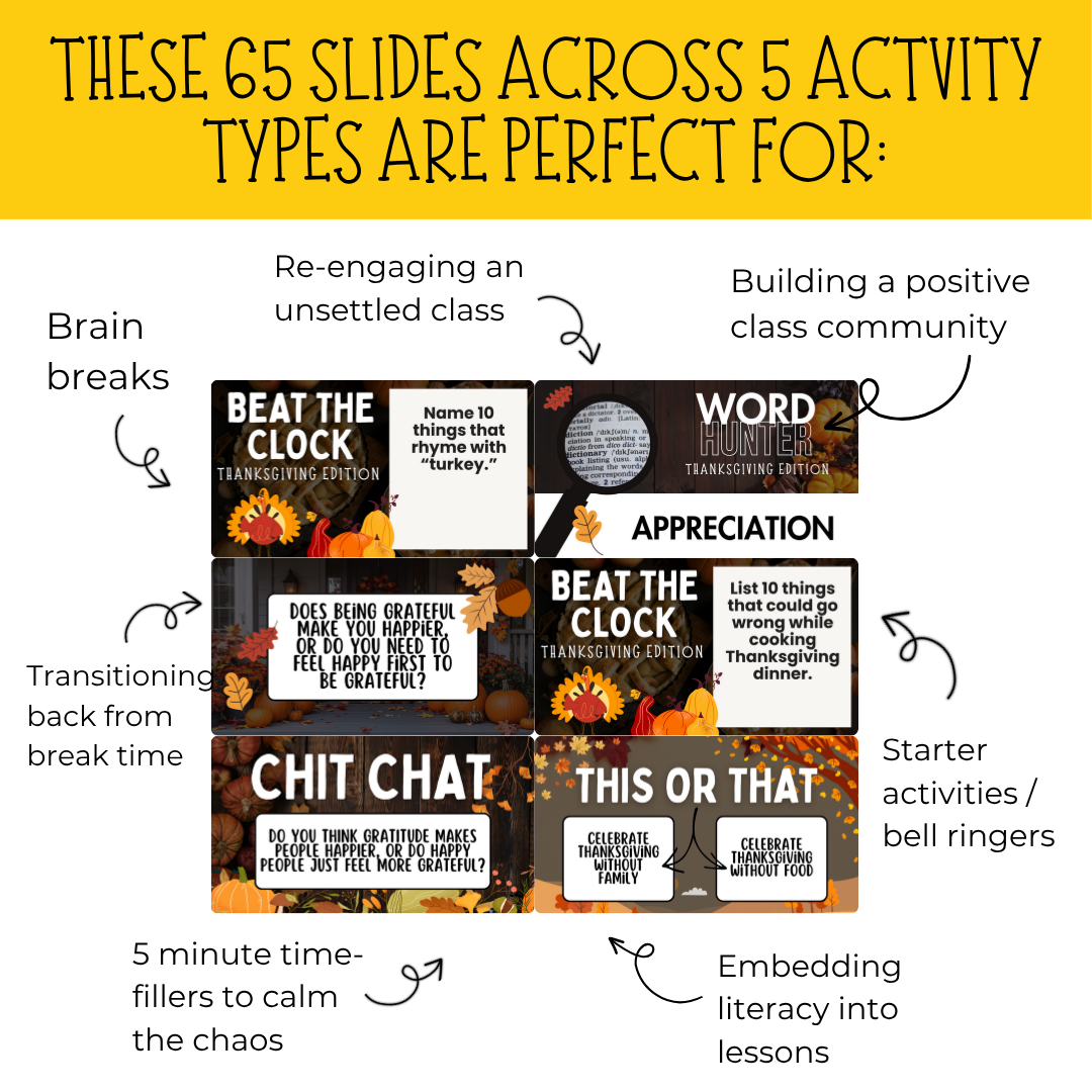 65 Thanksgiving Brain Break Slides | Activities & Bell Ringers for Middle & High