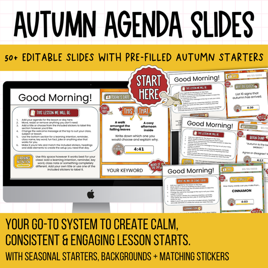 Fall [Autumn] Agenda Slides | w/ 50+ Seasonal Bell Ringers + Starter Activities