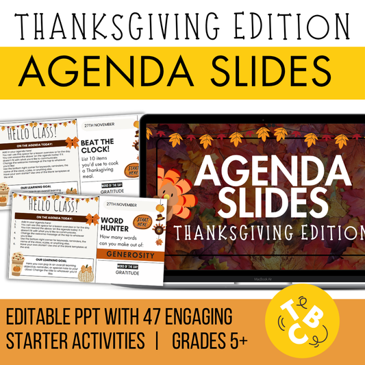 47 Thanksgiving Agenda Slides WITH Gratitude Bell Ringers [Grades 5 and up!]