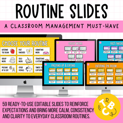 59 Editable Classroom Routine / Transition Slides | Entry, Pack-Up, Exit + MORE