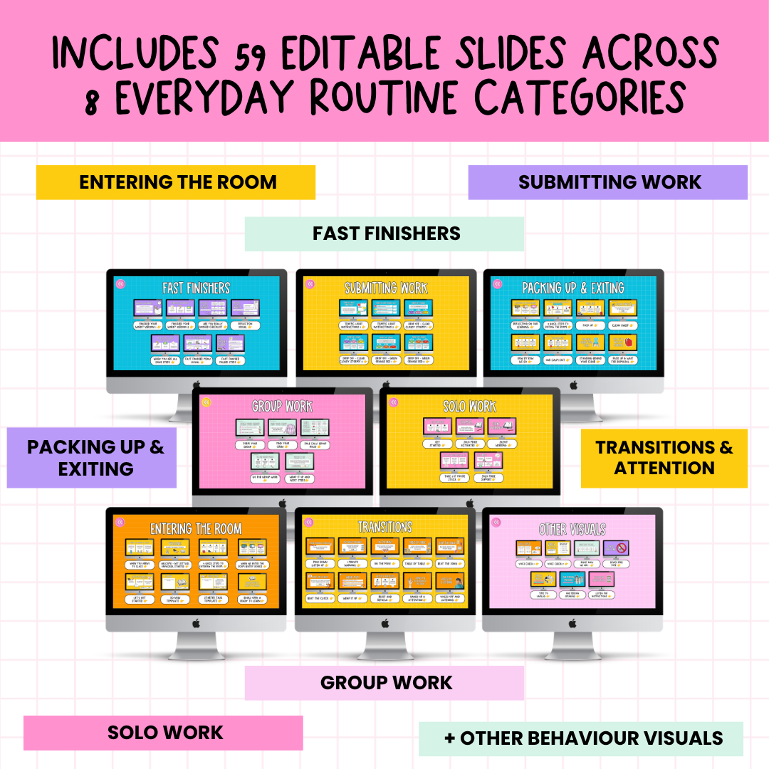59 Editable Classroom Routine / Transition Slides | Entry, Pack-Up, Exit + MORE