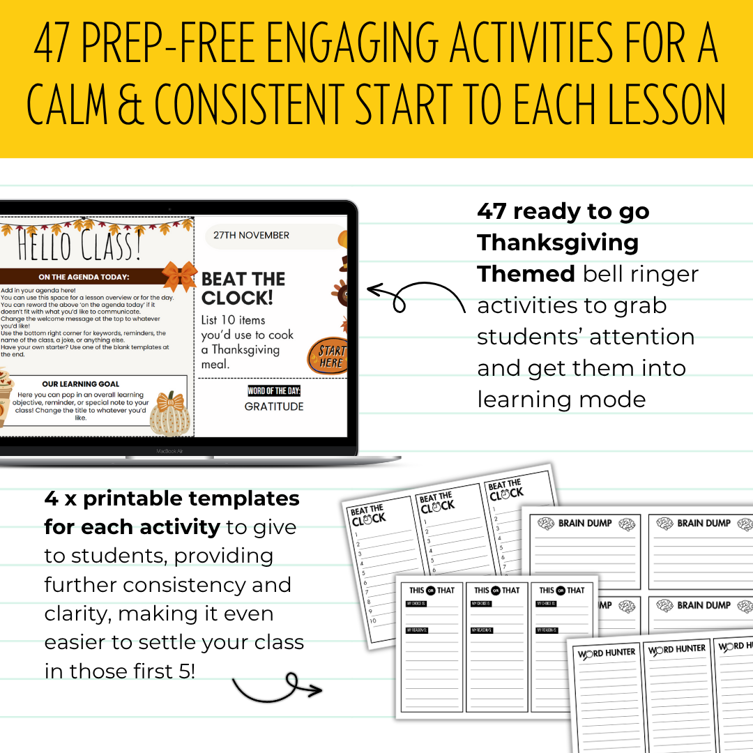 47 Thanksgiving Agenda Slides WITH Gratitude Bell Ringers [Grades 5 and up!]