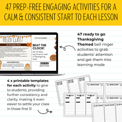 47 Thanksgiving Agenda Slides WITH Gratitude Bell Ringers [Grades 5 and up!]