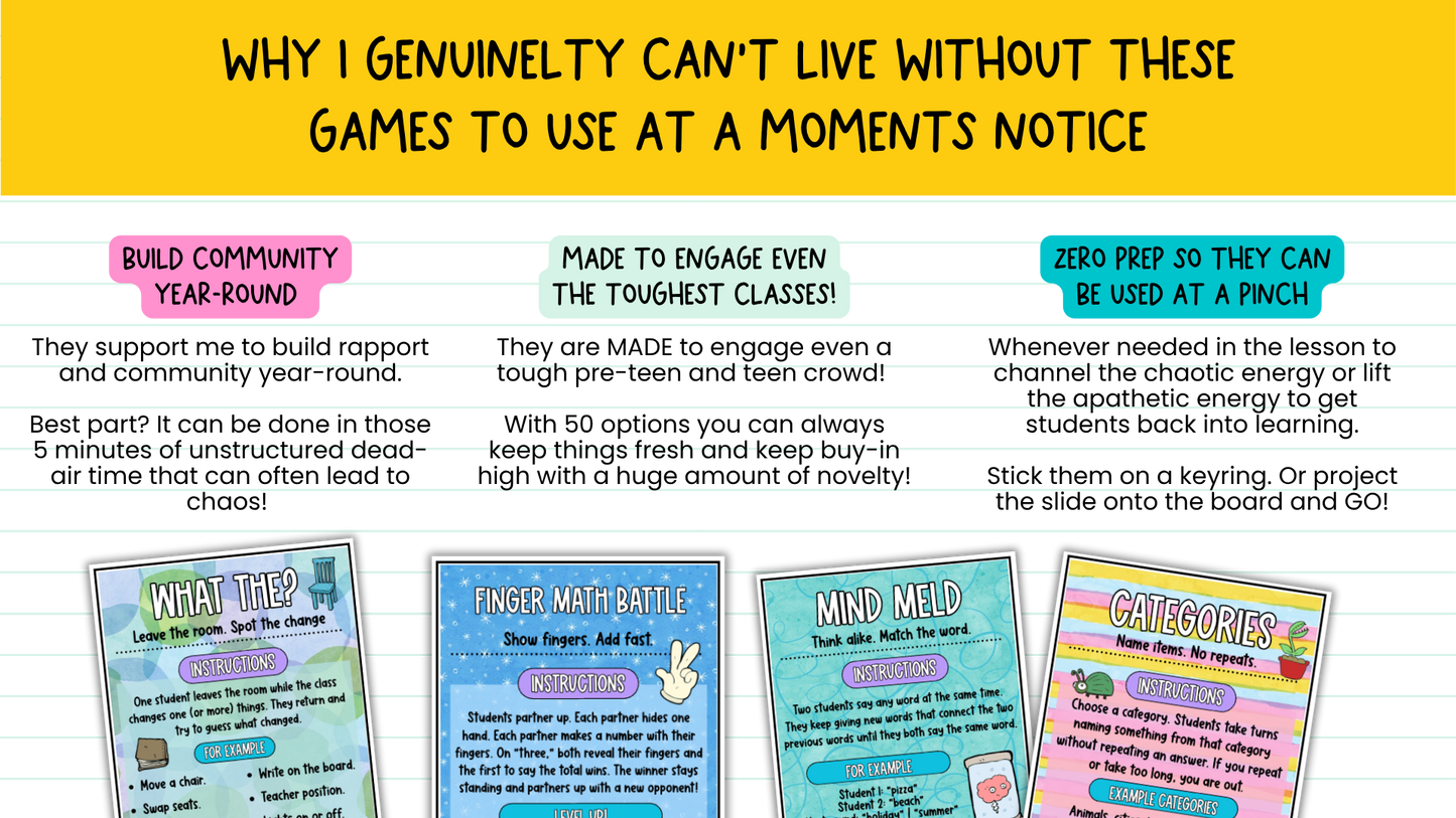 50 Brain Breaks at a Pinch | Engaging Zero-Prep Classroom Games Cards + Slides