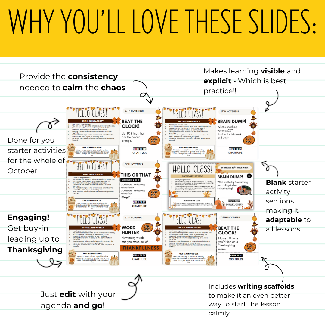 47 Thanksgiving Agenda Slides WITH Gratitude Bell Ringers [Grades 5 and up!]