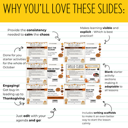 47 Thanksgiving Agenda Slides WITH Gratitude Bell Ringers [Grades 5 and up!]